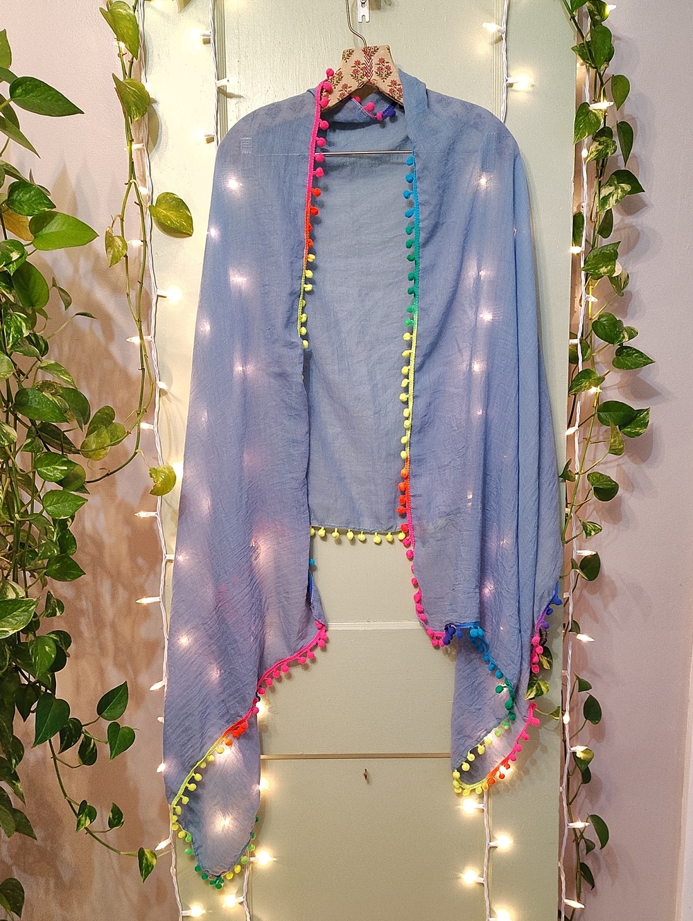 Women's Shaw Wrap Cover-up Scarf Blue Rainbow Tassel 78" × 28"